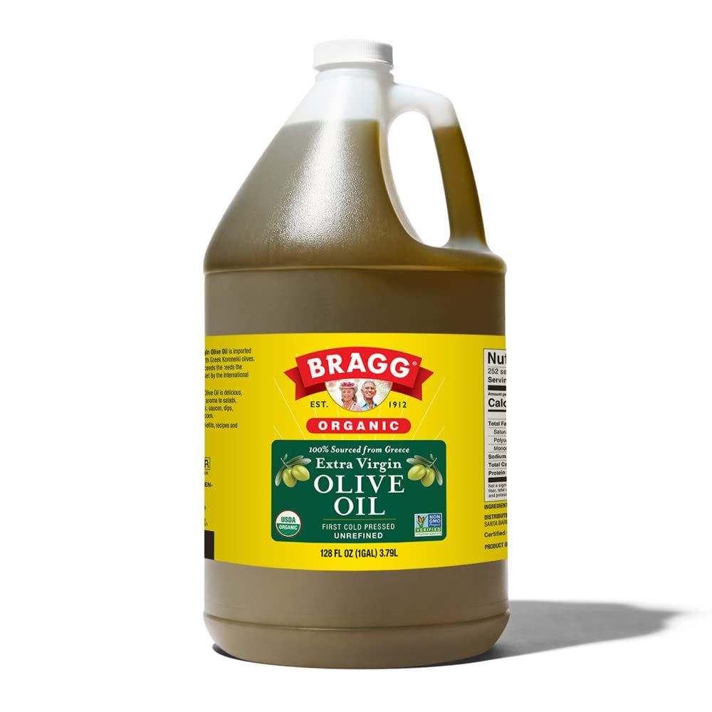 Bragg Organic Extra Virgin Olive Oil - Made with Greek Koroneiki Olives - Cold Pressed EVOO for Marinades &amp; Vinaigrettes - USDA Certified, Non-GMO, Kosher (128 Ounce)