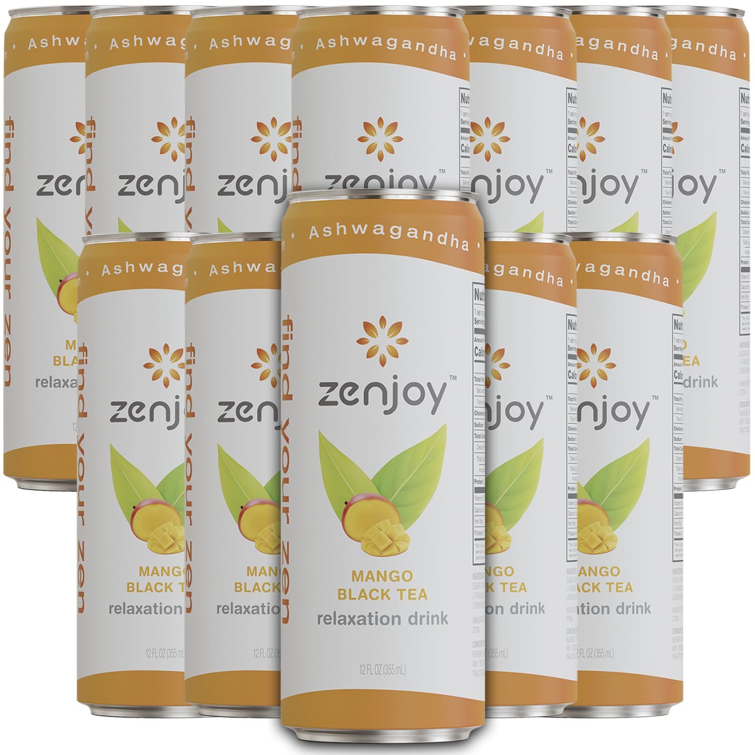 Zenjoy Mango Black Tea Relaxation Drink 12 Pack - Calming Drink with Ashwagandha &amp; Lemon Balm - Non-Alcoholic Beverage Infused with L-Theanine for Enhanced Focus - 12oz Cans