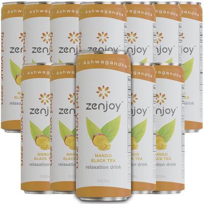 Zenjoy Mango Black Tea Relaxation Drink 12 Pack - Calming Drink with Ashwagandha &amp; Lemon Balm - Non-Alcoholic Beverage Infused with L-Theanine for Enhanced Focus - 12oz Cans