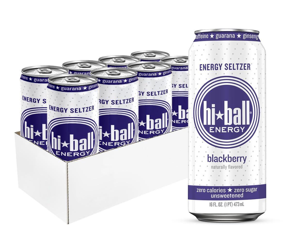 Hiball Clean Energy Seltzer Water, Caffeinated Sparkling Water Made with Vitamin B12 and Vitamin B6, Sugar Free 16 Fl Oz (Pack of 8), Blackberry