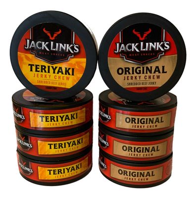 Jack Links Original and Teriyaki Jerky Chew Bundle | Original Beef Jerky Chew | Teriyaki Beef Jerky Chew | .32 oz Cans | 4 Cans Each Flavor | 8 Total Cans