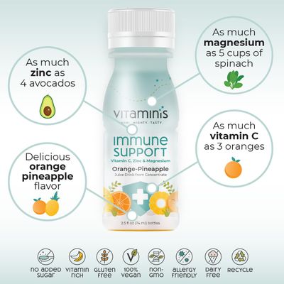 Vitaminis - Immunity Shots - Our Vitamin-Rich Orange Pineapple Juice with Vitamin C, Zinc and Magnesium, No Added Sugar &amp; Shelf Stable for Kids, Women, &amp; Men (2.5 Fl. Oz, Pack of 12)