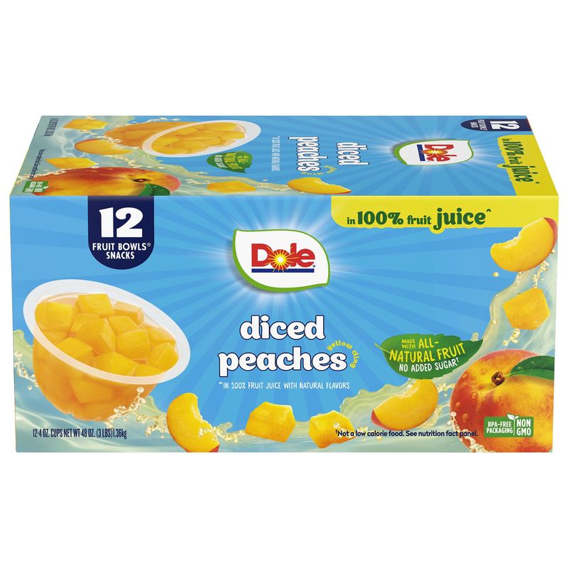 Dole Diced Peaches in 100% Juice^ - Dole Fruit Bowls Snacks - 4 oz Fruit Bowls - 12 Pack