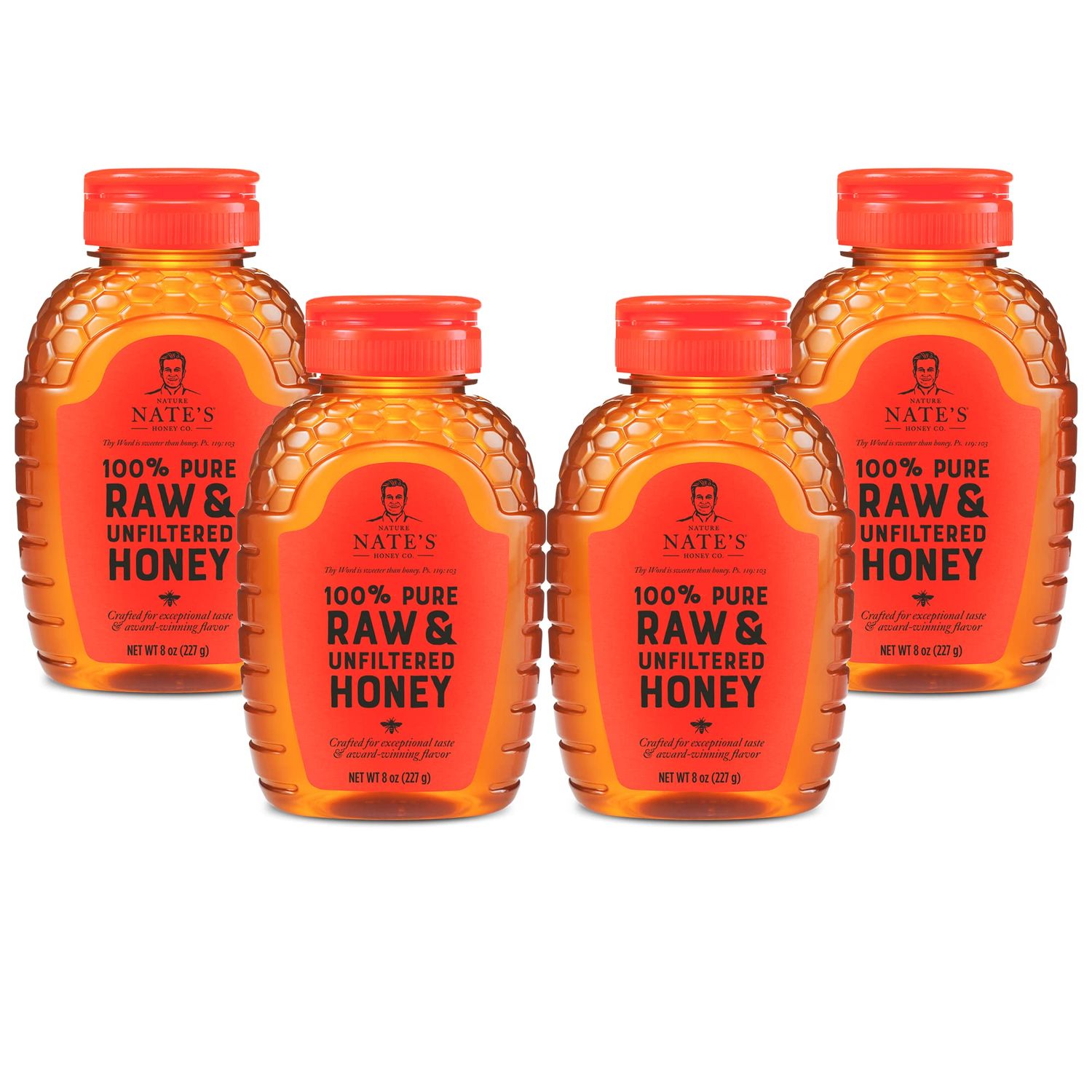 Nate&#39;s 100% Pure, Raw &amp; Unfiltered Honey, Award-Winning Taste - 8 oz Squeeze Bottle (4 Pack)