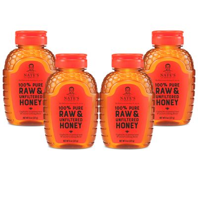 Nate&#39;s 100% Pure, Raw &amp; Unfiltered Honey, Award-Winning Taste - 8 oz Squeeze Bottle (4 Pack)