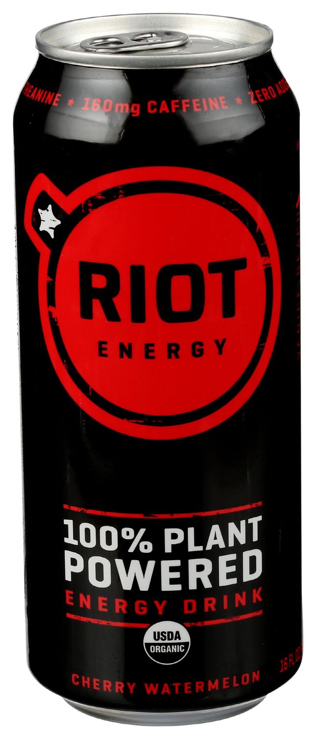 RIOT Clean Energy Drink, Cherry Watermelon, Organic, No Sugar Added, Made with Real Fruit, 100mg L-Theanine, 16 fl oz