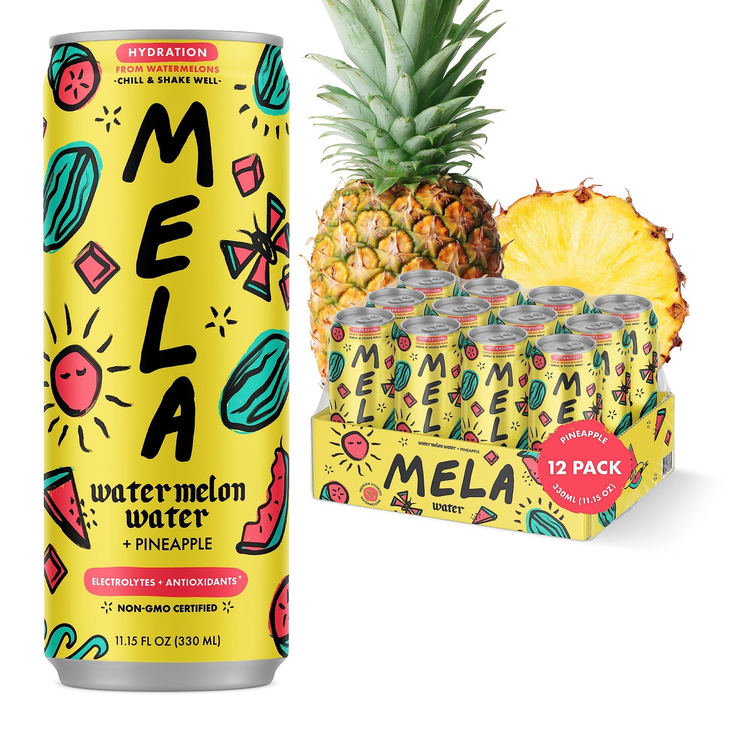 Mela Watermelon Water - Hydrating Watermelon Juice Drink w/Vitamin C, Electrolytes, &amp; Antioxidants - Non-GMO, Gluten-Free, Real Fruit Juice Watermelon Drink (Pineapple, 11.15 fl oz, 12-Pack)