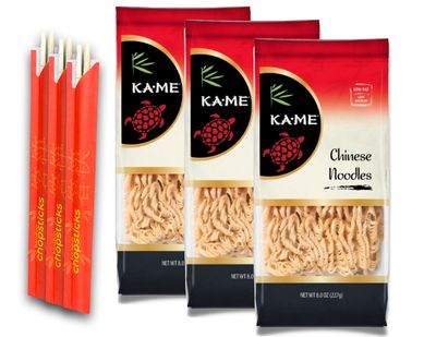 KA-ME Chinese Noodles, Low Fat, Low Sodium, 8oz Pouches (3 Pack) | Bundled With WILSONIA Bamboo Chopsticks -Perfect for Quick, Authentic, and Delicious Meals