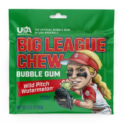 Big League Chew Wild Pitch Watermelon Bubble Gum - Juicy Watermelon Flavor Burst | Ideal for Baseball Games, Teams, Concessions, Parties, and More | Pack of 12 Bags (2.12oz Each)