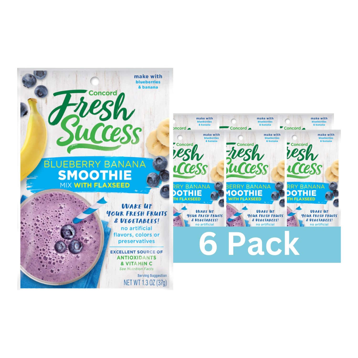 Concord Foods Blueberry Banana Smoothie Mix Refreshing, Nutritious Blend with Flaxseed, Fiber, and Calcium - Antioxidant-Rich and Delicious! 1.3 oz (Pack of 6)