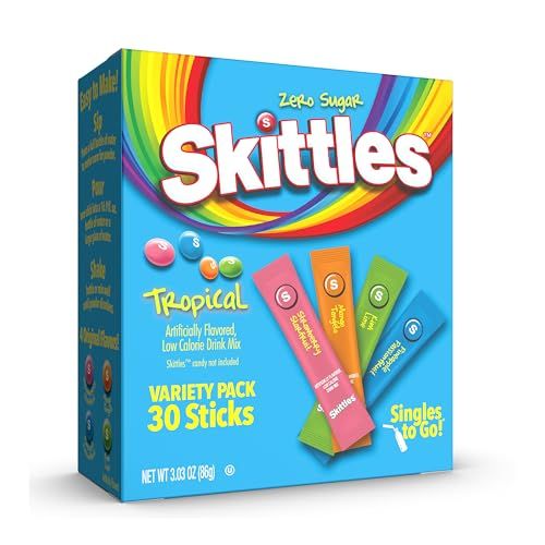 Skittles Singles To Go Tropical Variety Pack, Watertok Powdered Drink Mix, Includes 4 Flavors, Strawberry Starfruit, Mango Tangelo, Kiwi Lime, Pineapple Passionfruit, 1 Box (30 Servings)