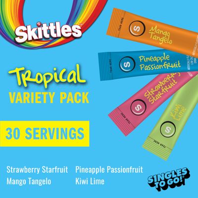 Skittles Singles To Go Tropical Variety Pack, Watertok Powdered Drink Mix, Includes 4 Flavors, Strawberry Starfruit, Mango Tangelo, Kiwi Lime, Pineapple Passionfruit, 1 Box (30 Servings)
