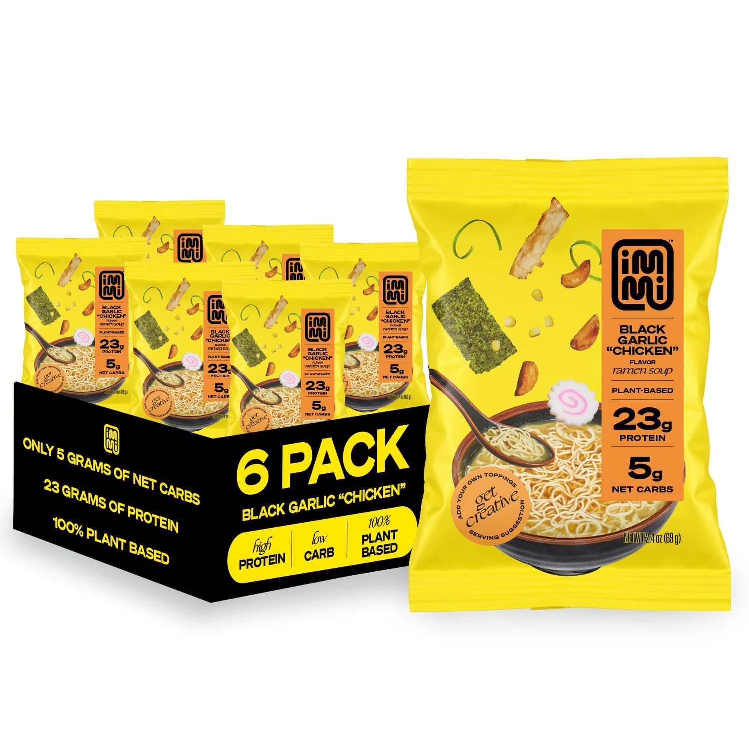 immi Black Garlic Chicken Ramen, 100% Plant Based, Keto Friendly, Low Carb, High Protein, Packaged Noodle Meal Kit, Ready to Eat, 6 Pack