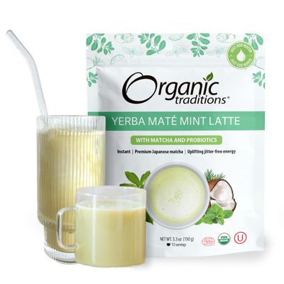 Organic Traditions Yerba Mate Tea Mint Latte with Matcha | Instant Dairy Free Superfood Latte | Instant Tea Latte | 150g/5.3oz Bag