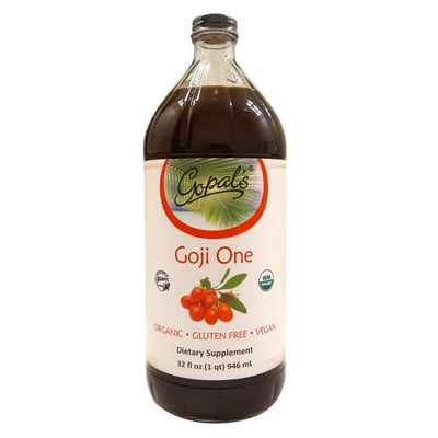 Gopals Goji One Organic Goji Juice - 32oz (1qt) Glass Bottle Gluten-Free Vegan Liquid Superfruit Supplement 30g of Pure Goji Juice Per Serving, Vitamin & Antioxidant Rich - Gopal's Healthfoods