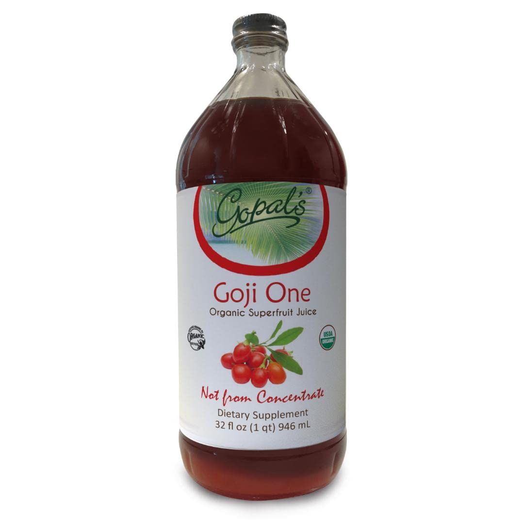 Gopals Goji One Organic Goji Juice - 32oz (1qt) Glass Bottle Gluten-Free Vegan Liquid Superfruit Supplement 30g of Pure Goji Juice Per Serving, Vitamin &amp; Antioxidant Rich - Gopal&#39;s Healthfoods