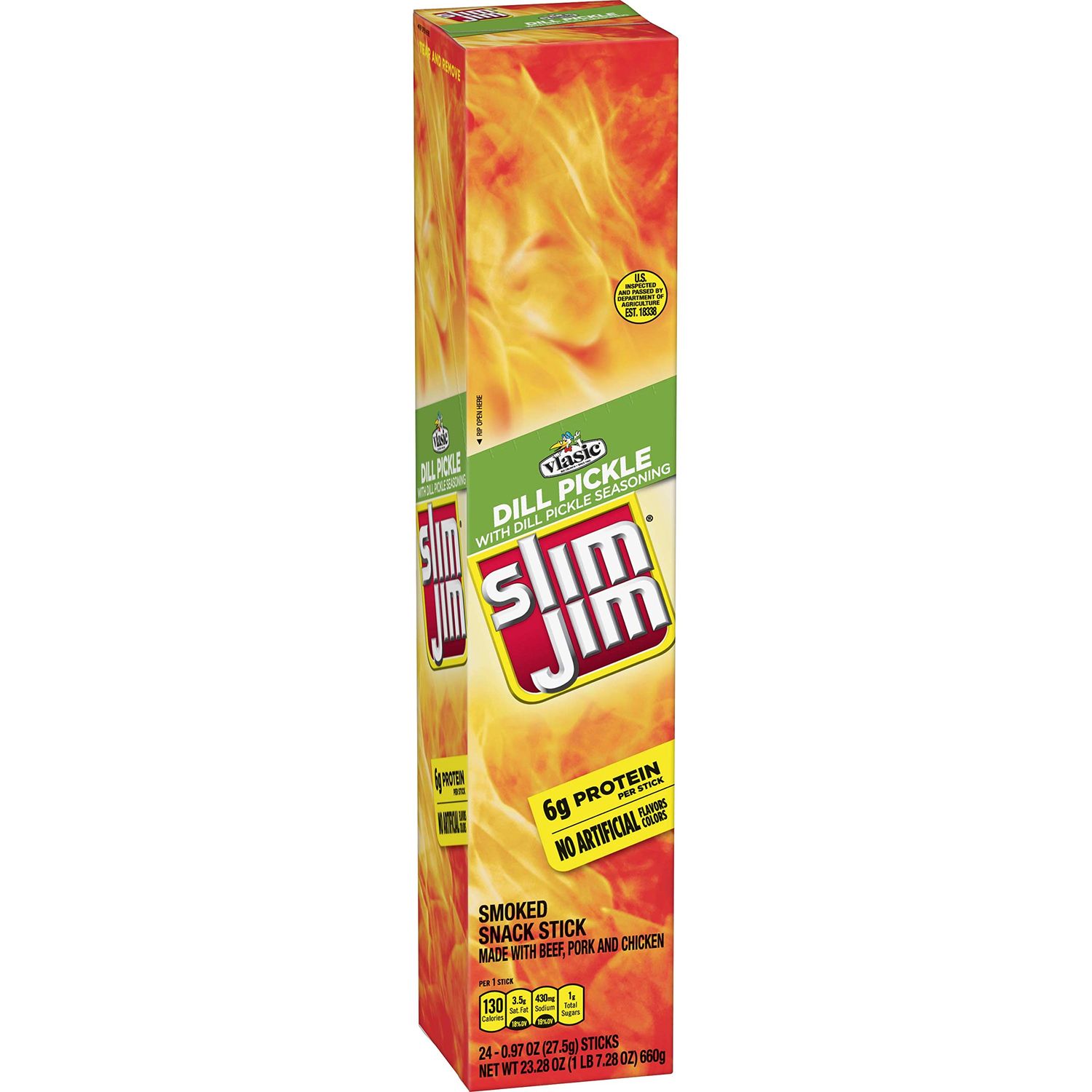 Slim Jim Giant Smoked Meat Sticks, Vlasic Dill Pickle Flavor, 6g Protein Per Stick, Great Stocking Stuffer, 0.97 oz. (24 Count)