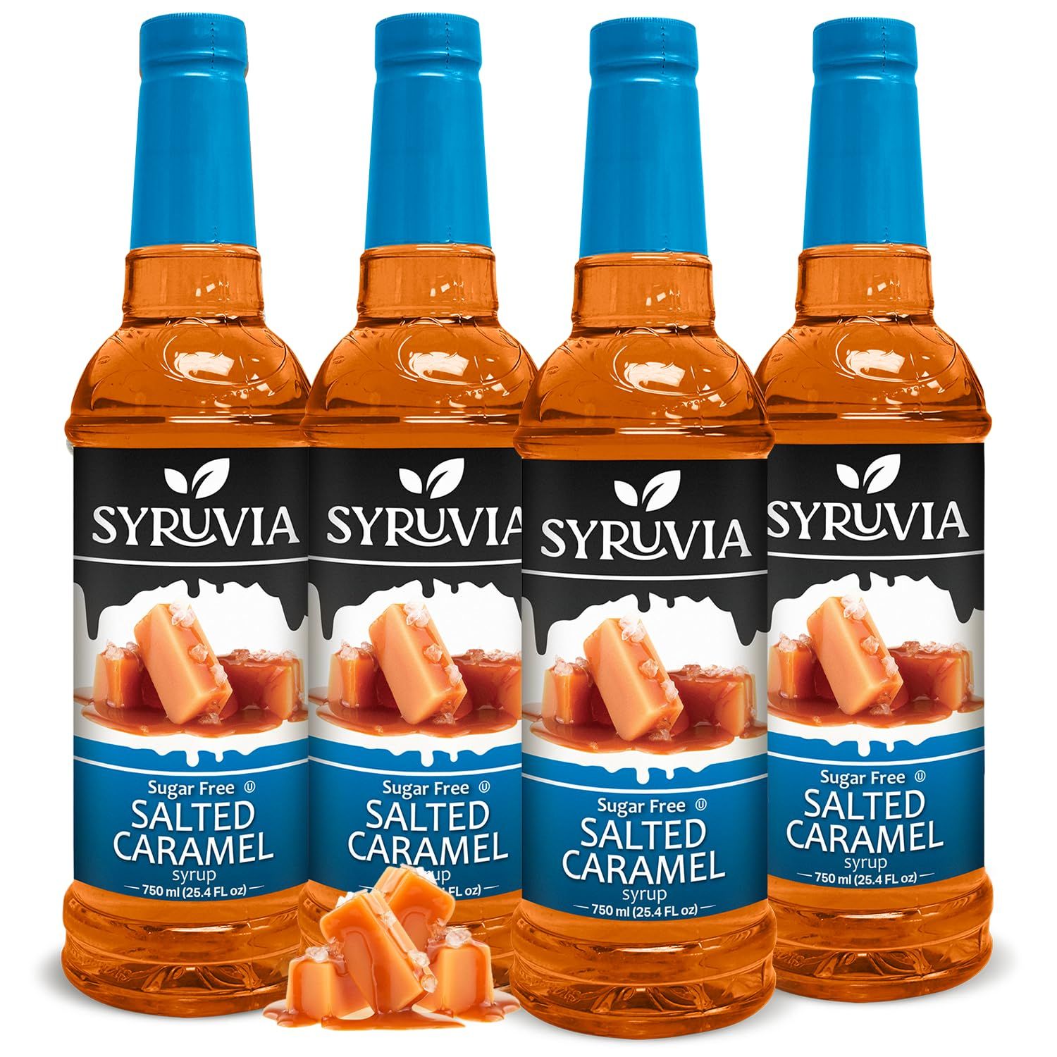 Syruvia 4 Pack Sugar-Free Salted Caramel Coffee Syrup - 25.4 fl oz - Syrup for Coffee, Lattes, Shakes, Smoothies, Desserts - 100% Vegan, Gluten Free, Kosher - No-Calorie Coffee Syrup,