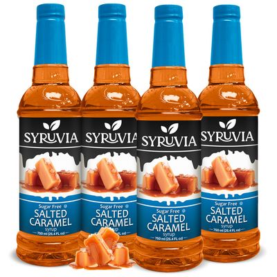 Syruvia 4 Pack Sugar-Free Salted Caramel Coffee Syrup - 25.4 fl oz - Syrup for Coffee, Lattes, Shakes, Smoothies, Desserts - 100% Vegan, Gluten Free, Kosher - No-Calorie Coffee Syrup,