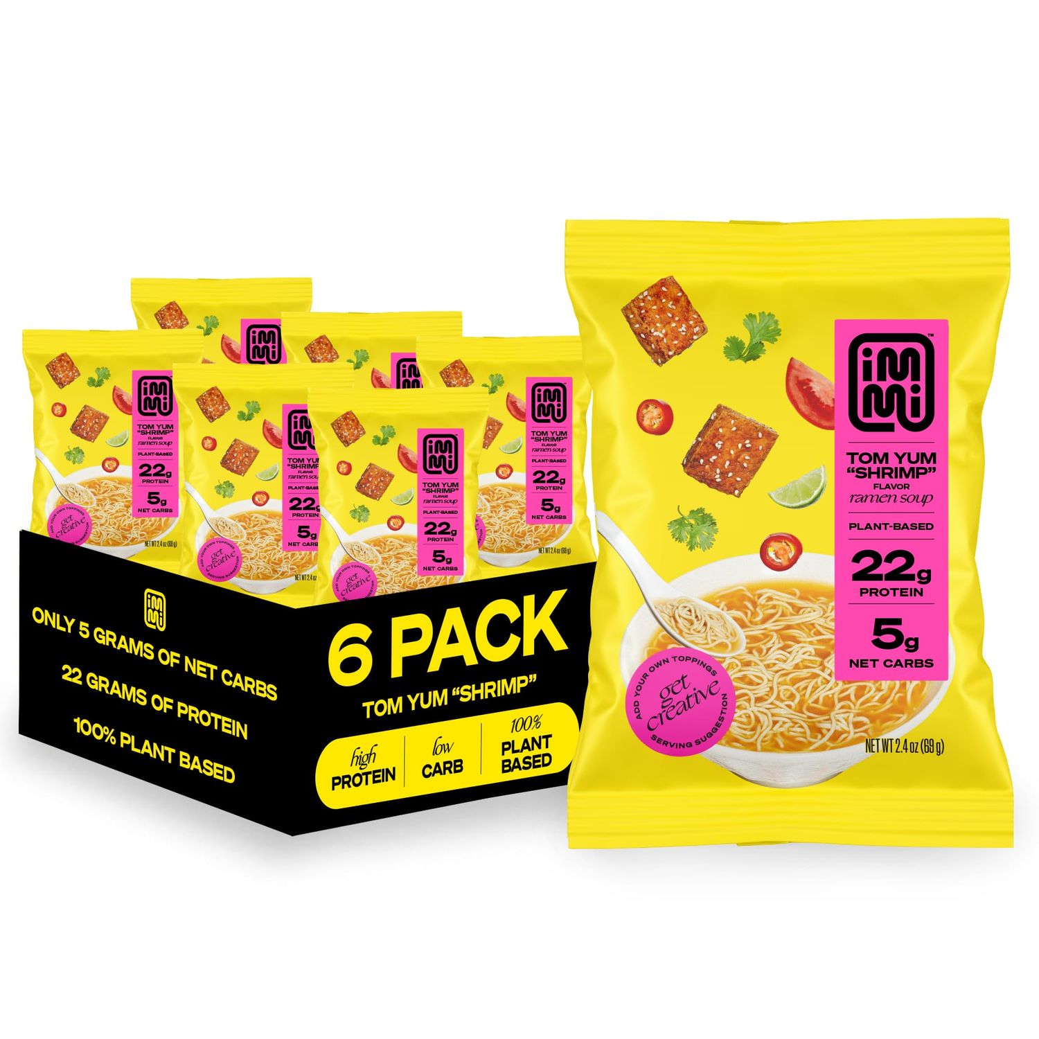 immi Tom Yum Shrimp Ramen, 100% Plant Based, Keto Friendly, Low Carb, High Protein, Packaged Noodle Meal Kit, Ready to Eat, 6 Pack