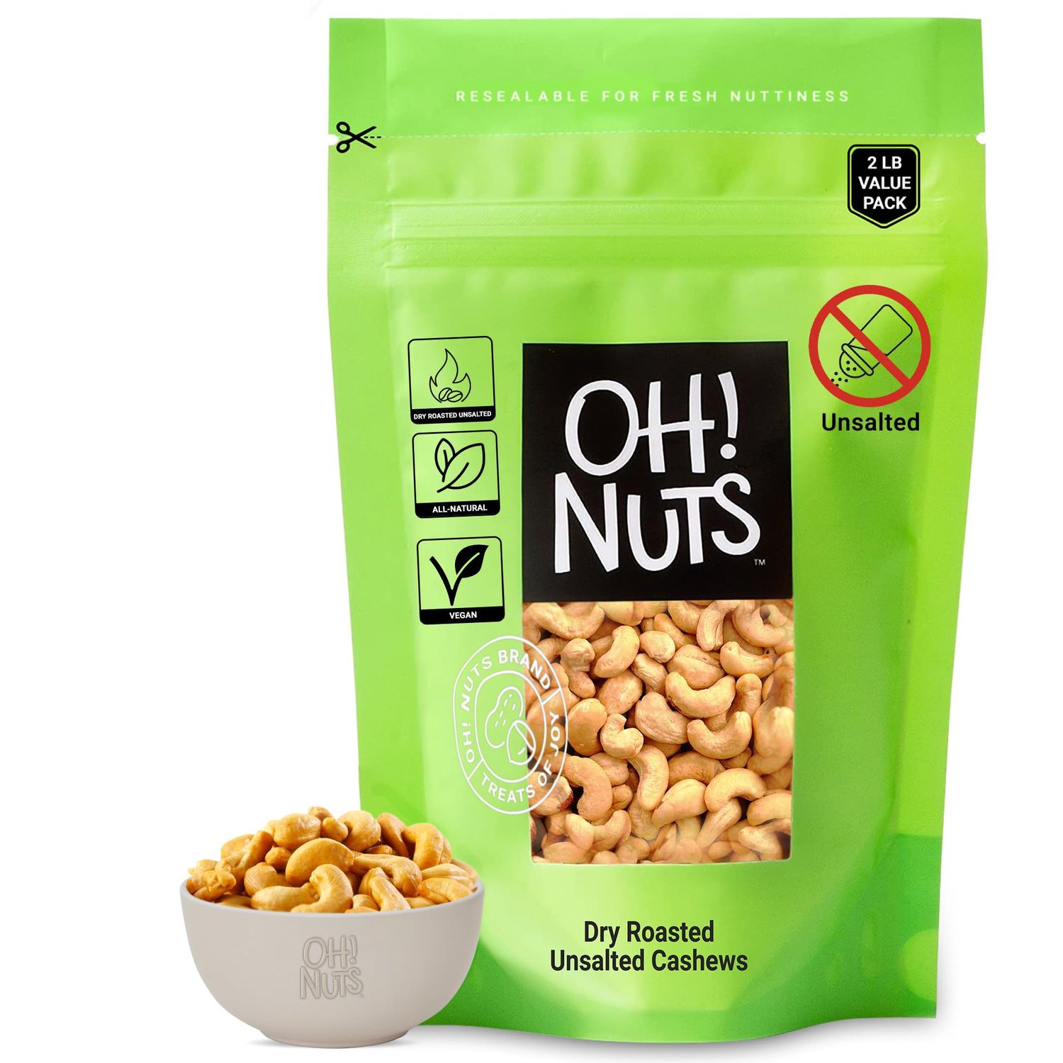 Cashews Roasted Unsalted | 2 lb | Dry Roasted Unsalted Cashews | Packed in New York Zip-Seal Bag for Exceptional Freshness by Oh Nuts
