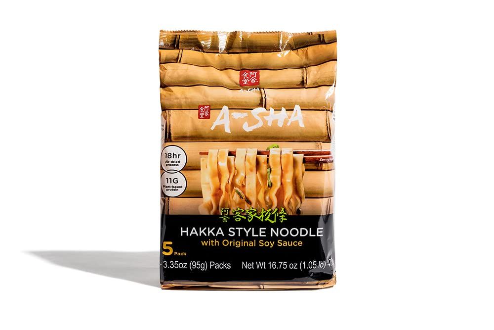 A-SHA Healthy Ramen Noodles, Wide Hakka Style Noodles with Original Sauce, Vegetarian Noodles, Flat, Wide Noodles, 1 Bag, 5 Servings