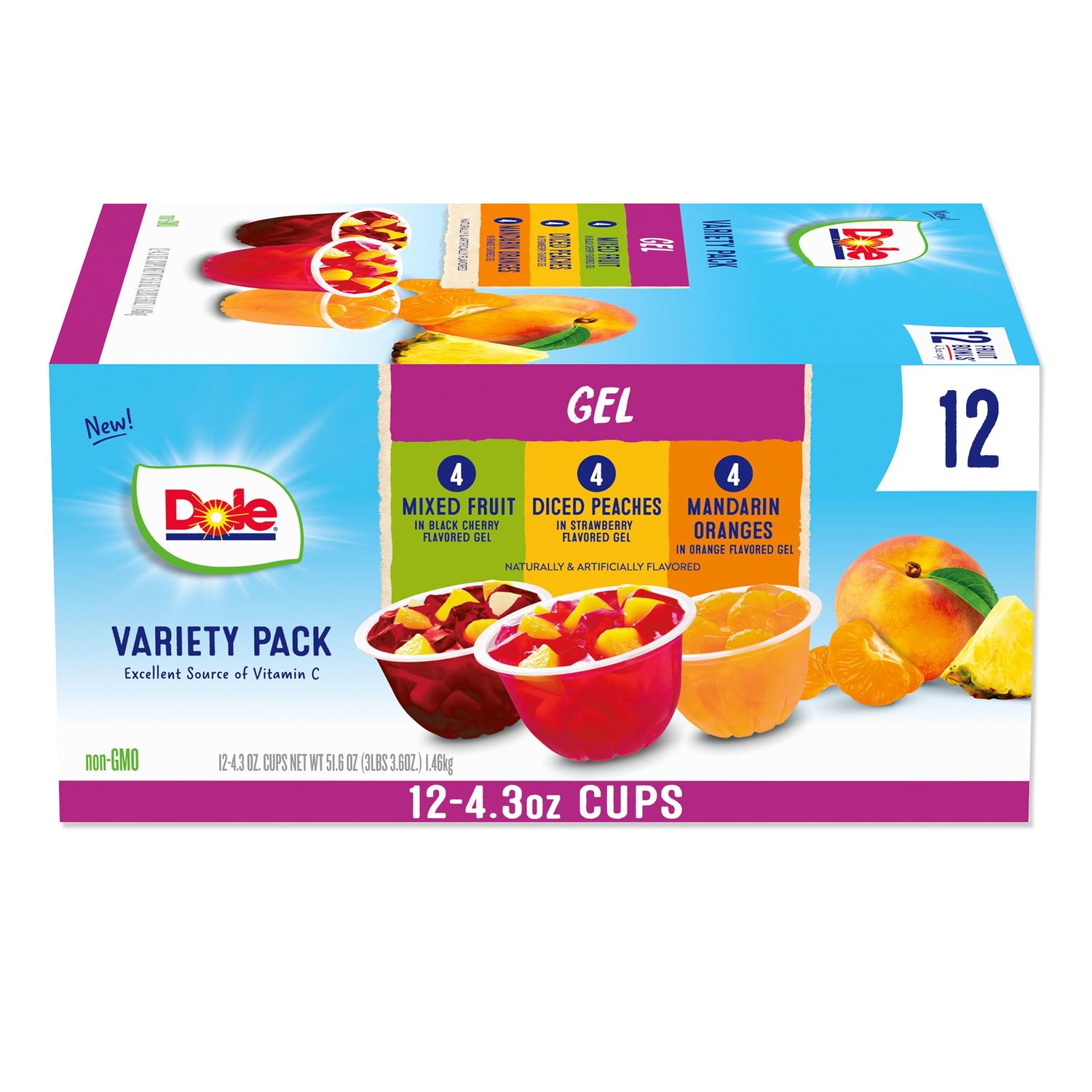 Dole Diced Peaches, Mandarin Oranges, and Mixed Fruit in Gel Variety Pack - Dole Fruit Bowls Snacks - 4.3 oz Fruit Bowls - 12 Pack