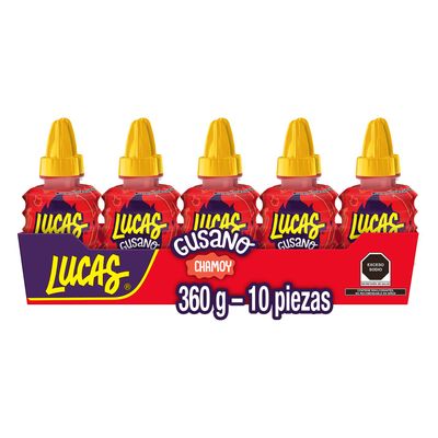 Lucas Gusano Fruity Chamoy Flavored Liquid Spicy Candy, 1.26oz - 10 Pieces Pack for Treats, Fruit, Snack, Parties, Piatas