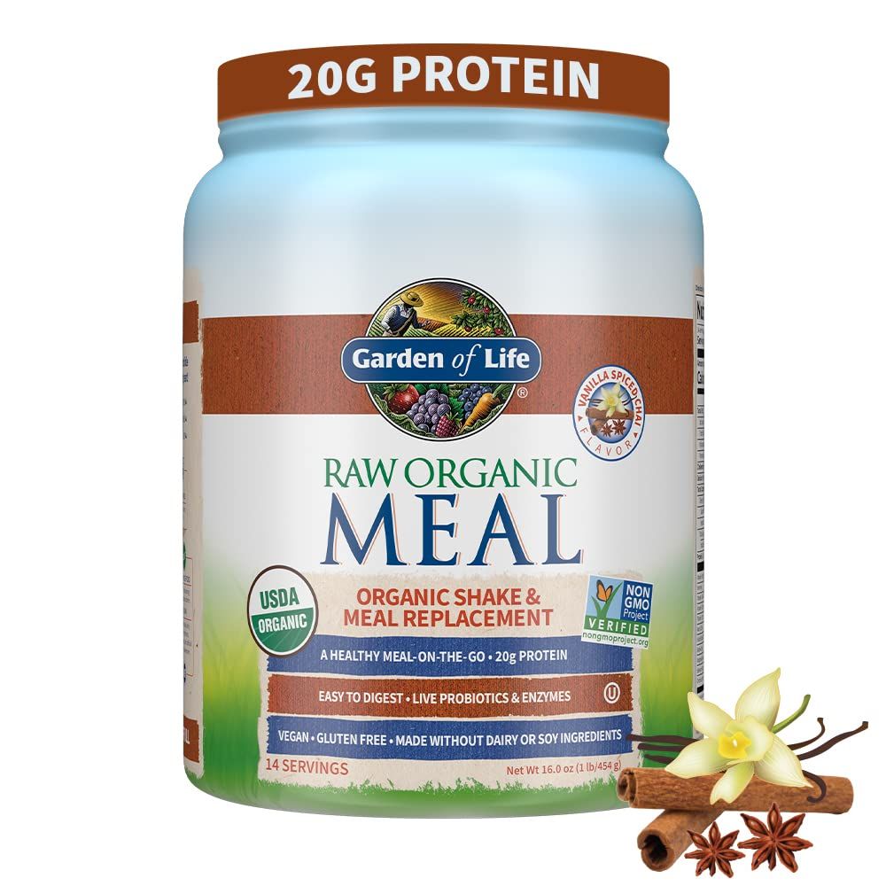 Garden of Life Meal Replacement Shakes, Vegan Protein Powder, Raw Organic Protein Powder, Vanilla Chai Protein Powder with Plant Based Pea Protein, Sprouts, Greens, Probiotics, Dairy Free 14 Servings