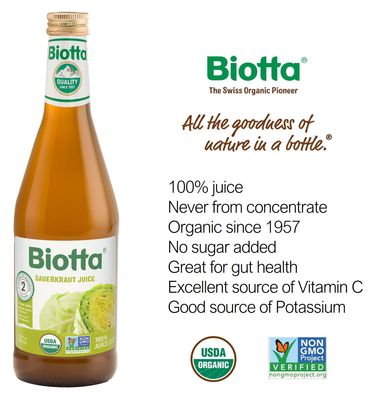 Biotta Organic Sauerkraut Juice - 100% Fermented White Cabbage Juice - Superfood For Optimal Gut Health &amp; Digestion - Excellent Source of Vitamin C &amp; Good Source of Potassium (16.9 Fl Oz, Pk of 6)