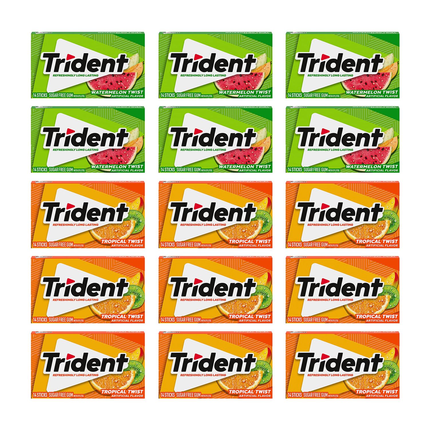Trident Sugar Free Gum Variety Pack, Watermelon Twist &amp; Tropical Twist Flavors, 15 Packs of 14 Pieces (210 Total Pieces)