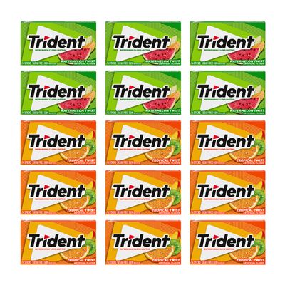 Trident Sugar Free Gum Variety Pack, Watermelon Twist &amp; Tropical Twist Flavors, 15 Packs of 14 Pieces (210 Total Pieces)