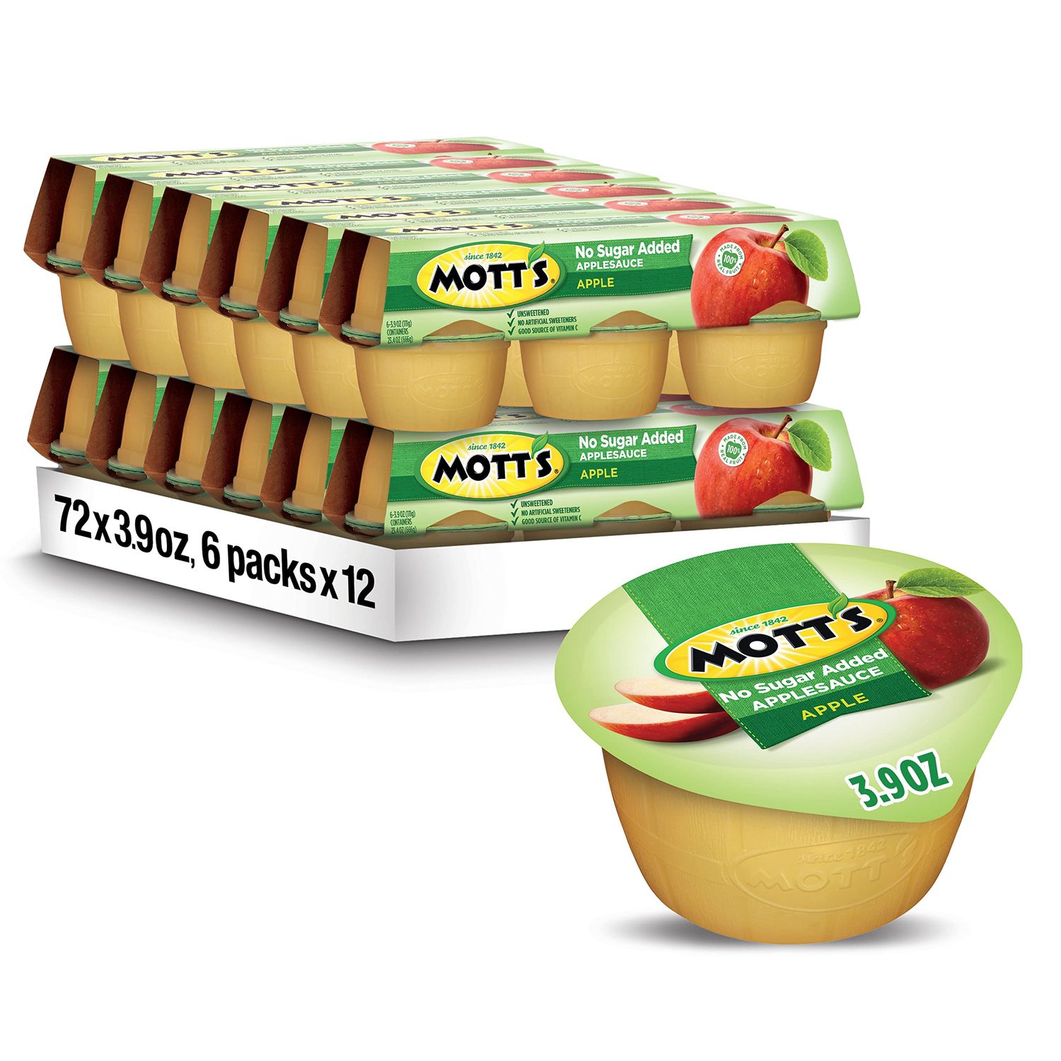 Mott&#39;s No Sugar Added Applesauce, 3.9 Oz Cups, 72 Count (12 Packs Of 6), Good Source Of Vitamin C, No Artificial Flavors