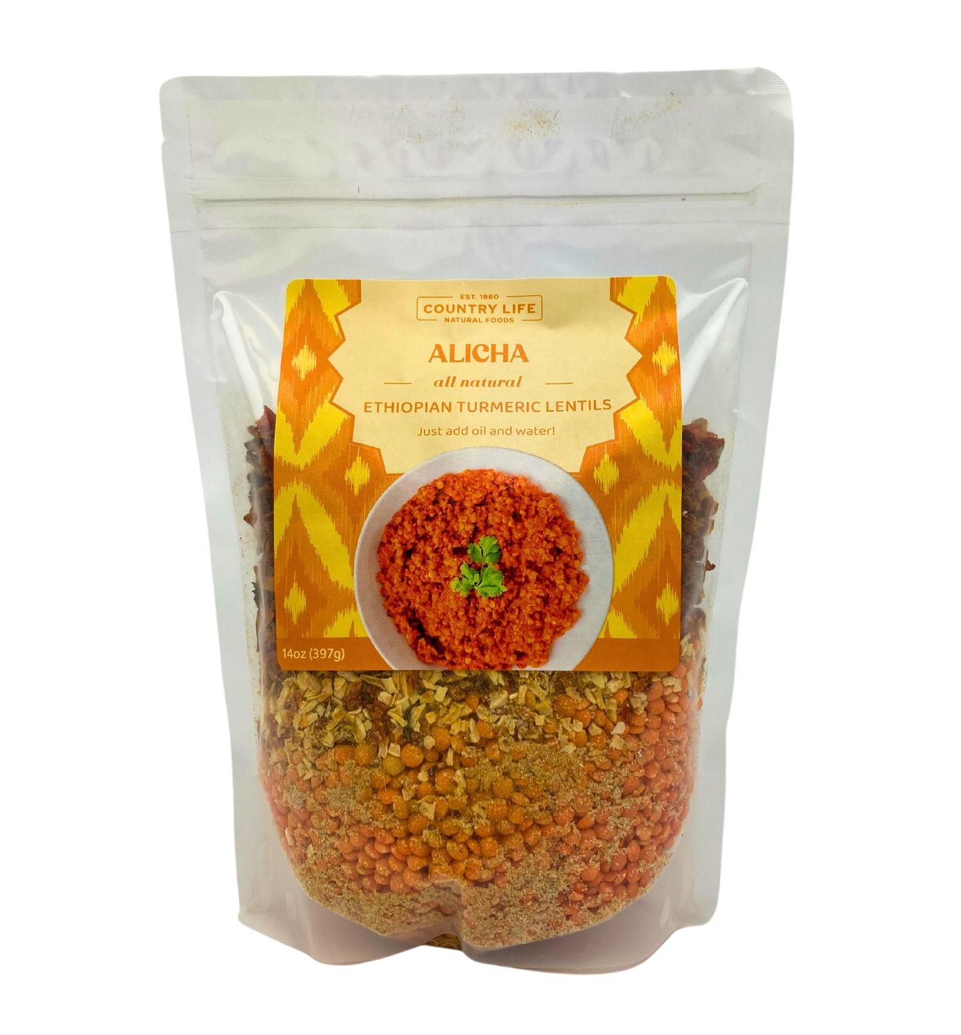 Country Life Ethiopian Red Lentil Fresh Meal, Quick &amp; Easy Entree, Plant-Based, Vegan, Delicious with Flatbread and Rice, 14oz (Alicha - Mild)