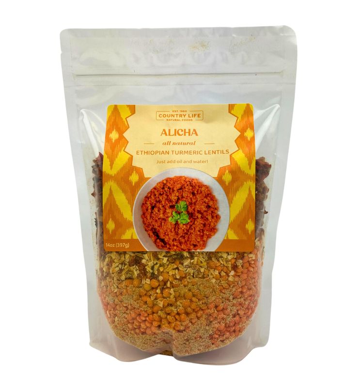 Country Life Ethiopian Red Lentil Fresh Meal, Quick &amp; Easy Entree, Plant-Based, Vegan, Delicious with Flatbread and Rice, 14oz (Alicha - Mild)