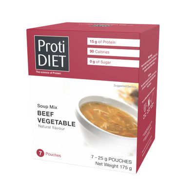 ProtiDIET High Protein Beef Vegetable Soup Mix, Low Calorie, No Fat, Sugar-free, Quick and Easy-to-Prepare Satisfying Meal Replacement Protein Powder Soup Mix with Collagen- 7 Soup Mix Pouches Per Box