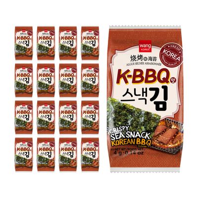 Wang Roasted Seaweed Snack, Korean Barbeque Flavored, Keto-friendly, Healthy Snack 0.14 Ounce, Pack of 16