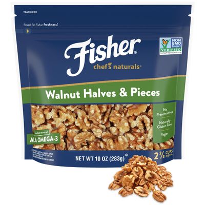 Fisher Chef&#39;s Naturals Walnut Halves &amp; Pieces 10 oz, 100% California Unsalted Walnuts for Baking &amp; Cooking, Topping, Resealable Bag, Great with Yogurt &amp; Cereal, Vegan Protein, Keto Walnut Snack 1 Pack