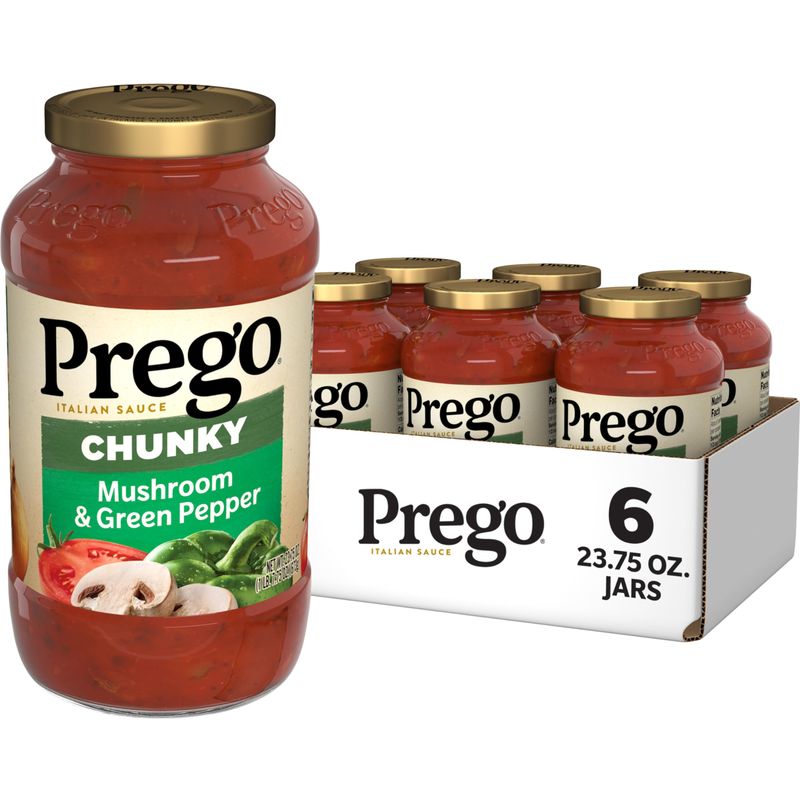 Prego Chunky Mushroom and Green Pepper Pasta Sauce, 23.75 Oz Jar (Case of 6)