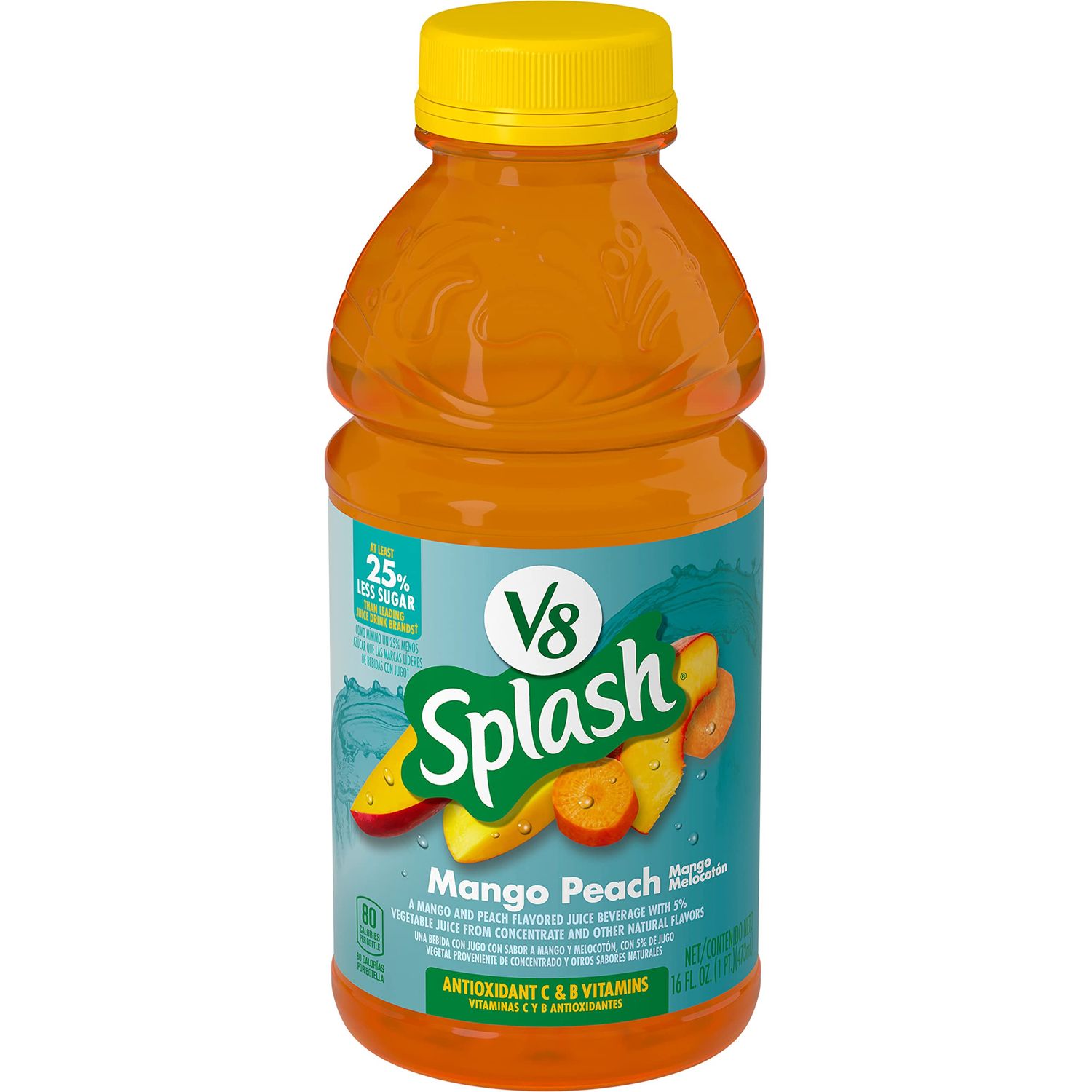 V8 Splash Mango Peach Flavored Juice Beverage, 16 FL OZ Bottle