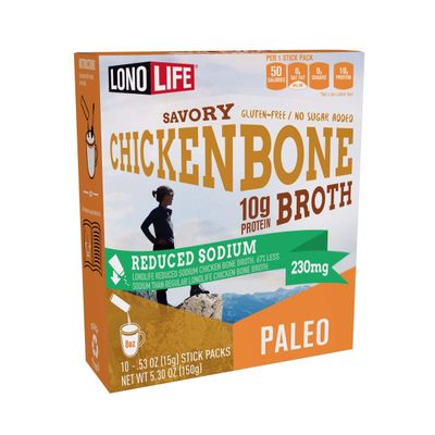 LonoLife Reduced Sodium Chicken Bone Broth Sticks: 10g Protein, Keto-Friendly - 10 Portable Servings