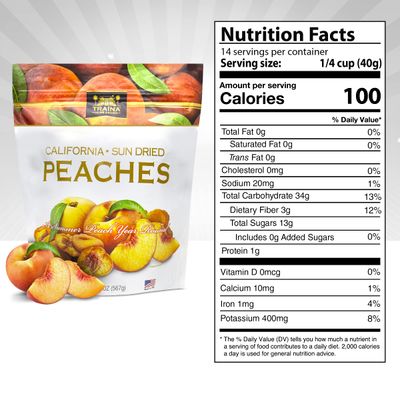 Traina Home Grown California Sun Dried Peaches - Healthy & Non-GMO, Natural Sweet Flavor Fruit No Sugar Added, Perfect Snack In Resealable Pouch (20 Oz)