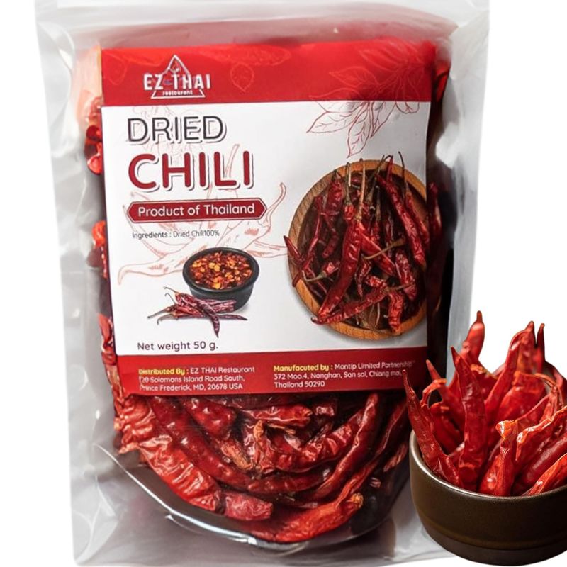 Thai Dried Red Chili Peppers 1.76 oz (50grams) - Hot Seasoning Spices for Thai Cuisine, Curry Paste, Chillies Oil, Tom Yum Kung (1 Pack)