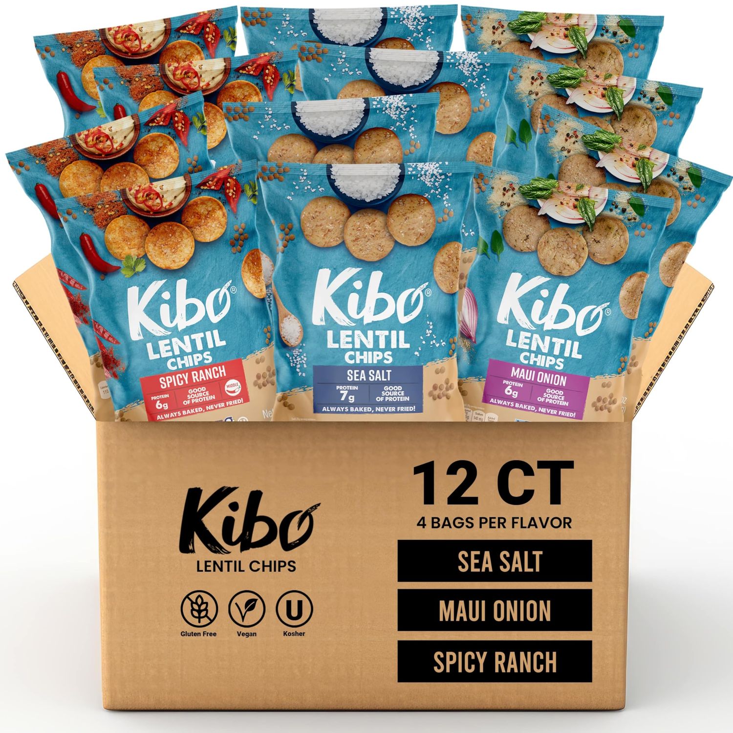 Kibo Lentil Chips Variety Pack - Gluten-Free Vegan Chips - Non-GMO Verified - Plant-Based 28 grams - Maui Onion, Sea Salt, and Spicy Ranch - 12 pack
