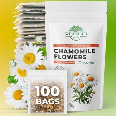 WILDFIELD HERBS 100 Bags Chamomile Tea Bag Camomile Tea Bag Flowers (Chamomilla chamomilla) - 100 Count 1.5g Chamomile Tea Bags 100 Count Flores de manzanilla
