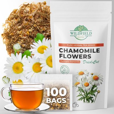 WILDFIELD HERBS 100 Bags Chamomile Tea Bag Camomile Tea Bag Flowers (Chamomilla chamomilla) - 100 Count 1.5g Chamomile Tea Bags 100 Count Flores de manzanilla
