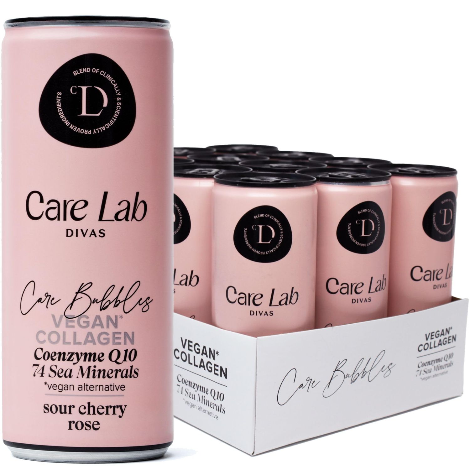 Care Bubbles VEGAN COLLAGEN Flavored Drink | Sour Cherry - Rose | Functional Sparkling Drink | Low Calories | CareLab Divas | 12pack 8.4 Fl Oz