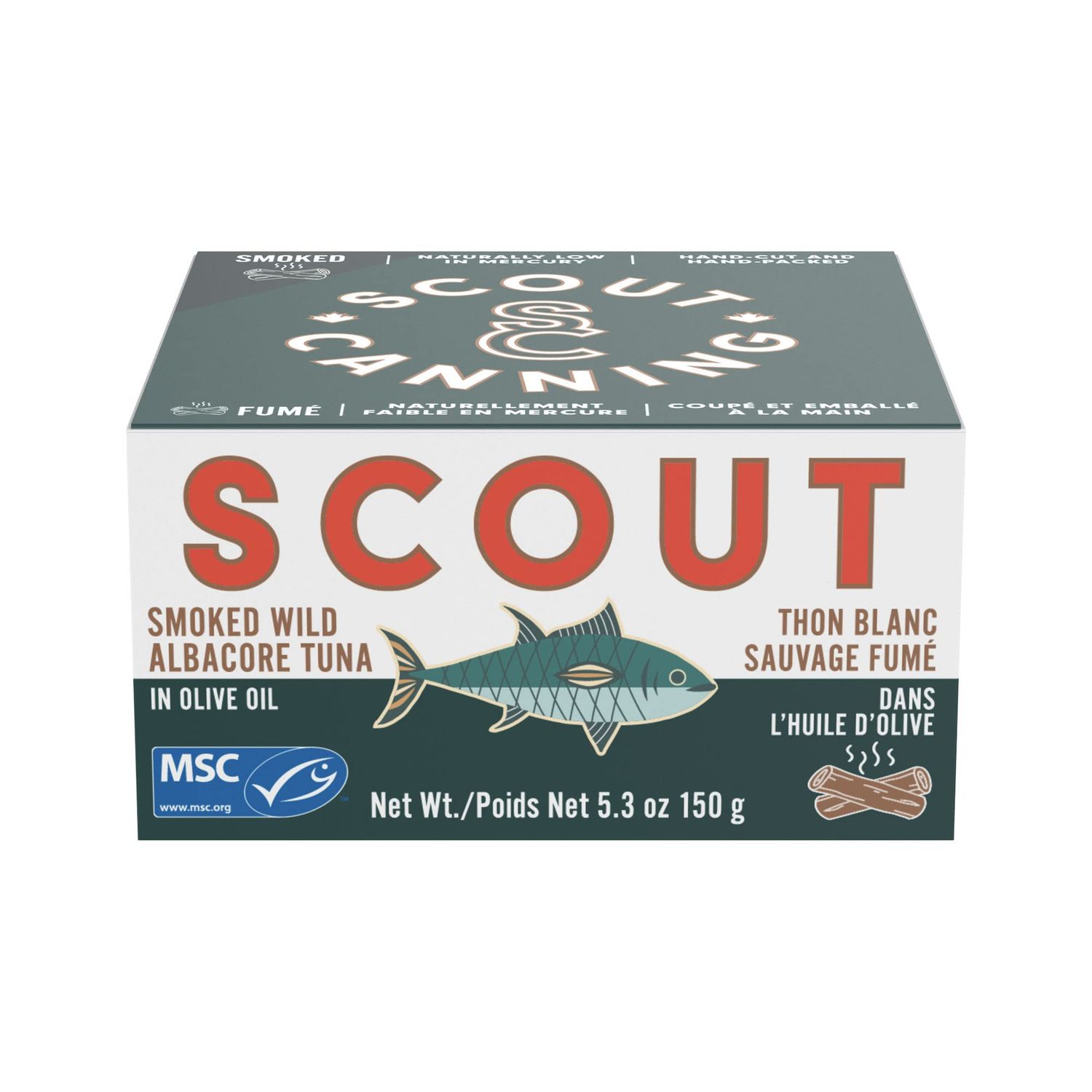 SCOUT Smoked Wild Tuna in Olive Oil | MSC Certified, Responsibly Sourced Seafood Tin | Smoked Wild Albacore Tuna in BPA-Free, Recyclable Cans (Pack of 1 x 150g tin)