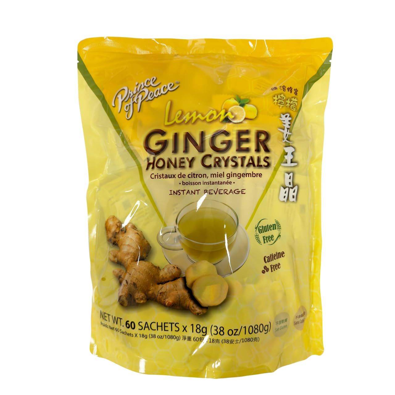 Prince of Peace Instant Ginger Honey Crystals with Lemon, 60 Sachets - Instant Hot or Cold Beverage - Easy to Brew - Drink Like a Tea - Caffeine and Gluten Free - Real Ginger