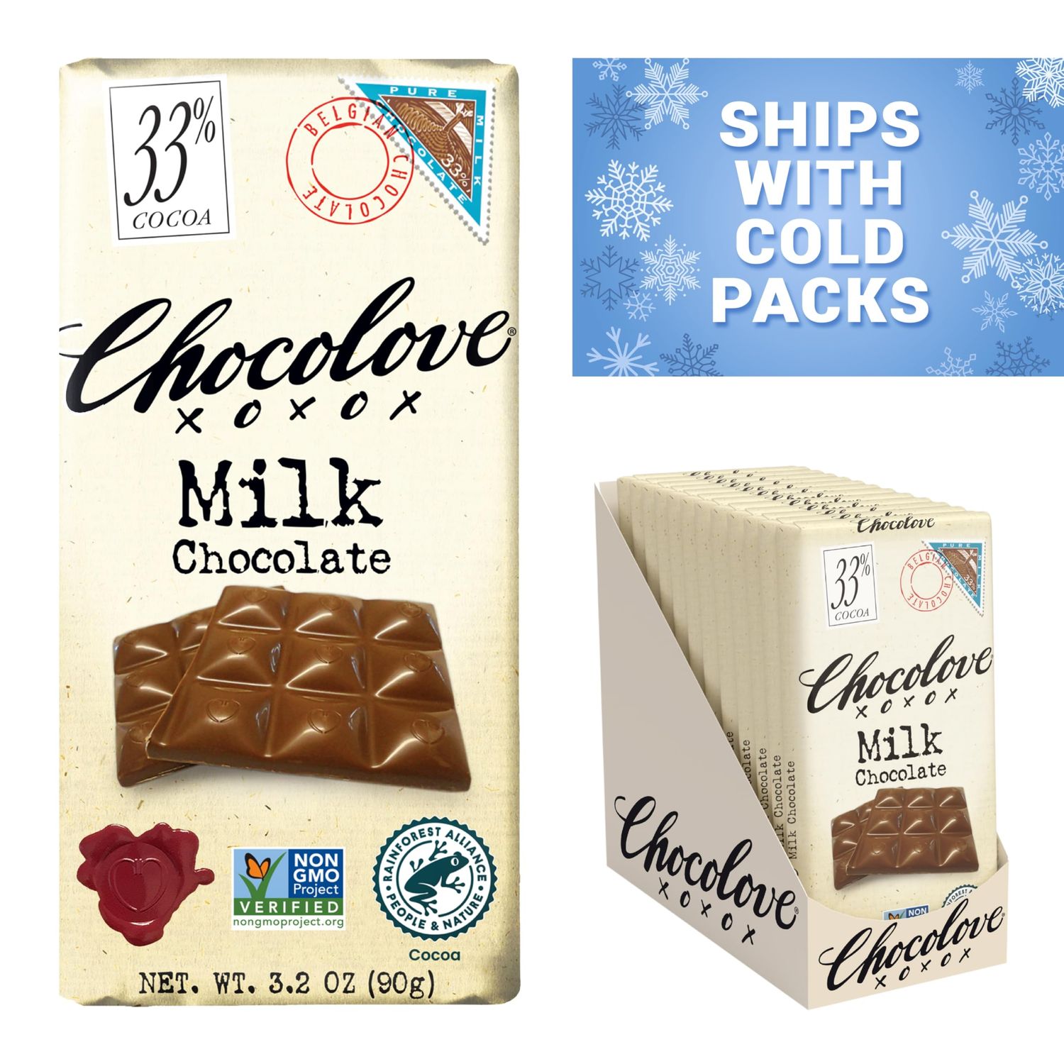 Chocolove Creamy Milk Chocolate Bars | 33% Cocoa | Crafted with Silky Belgian Chocolate | Non-GMO, &amp; Gluten-Free, 3.2 oz Bar (12 Pack)